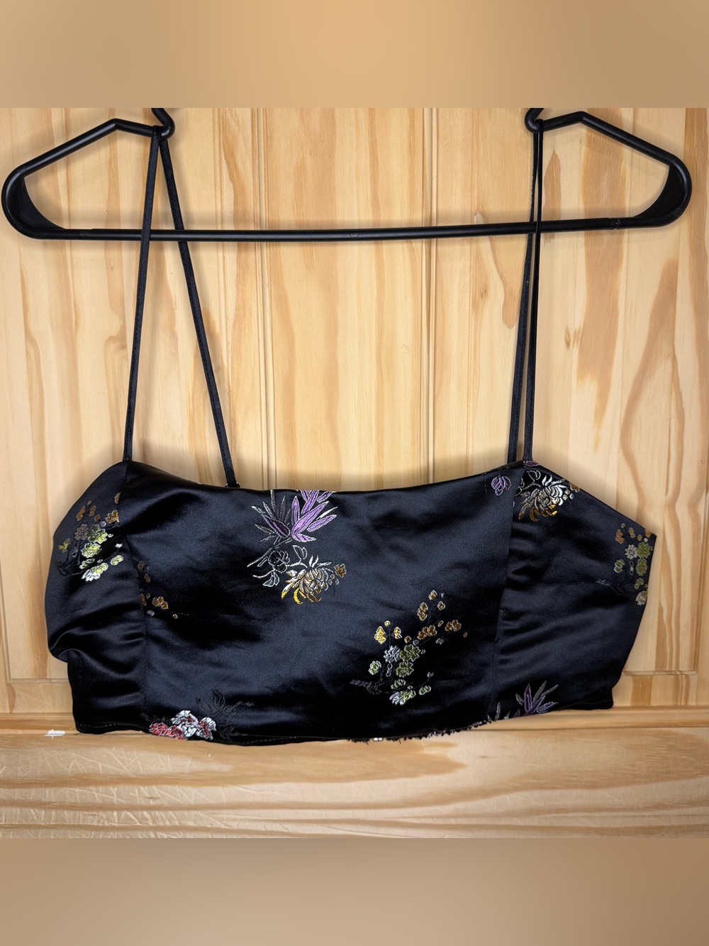 002 Honey Punch Black Satin Embroidered Cropped Tank - Size M